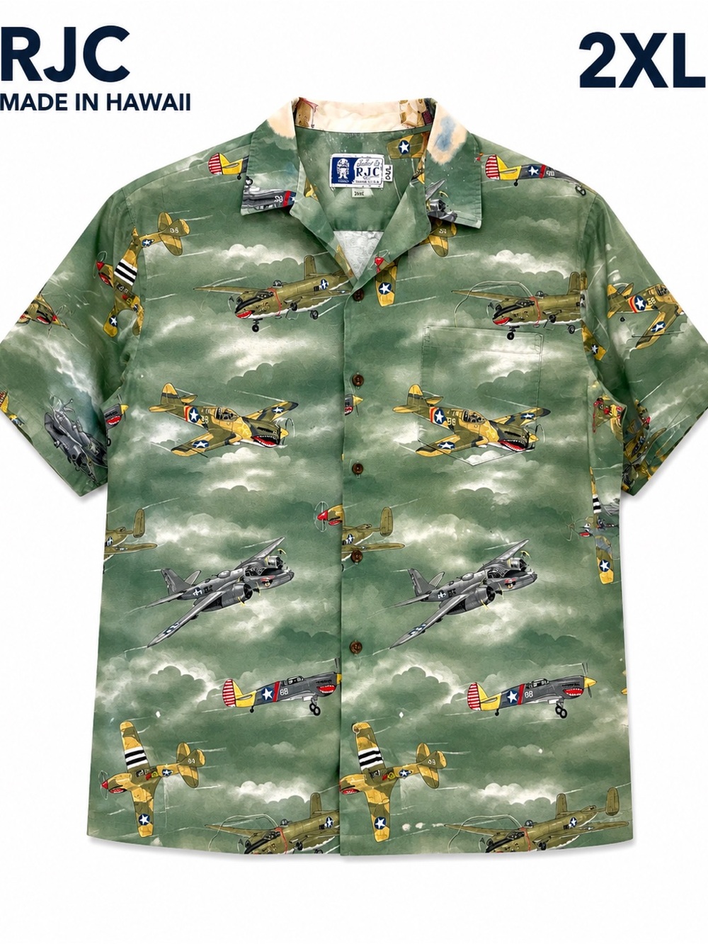 RJC Hawaii 2XL WWII Airplane Aloha Shirt Made in Hawaii Military Aviation Button